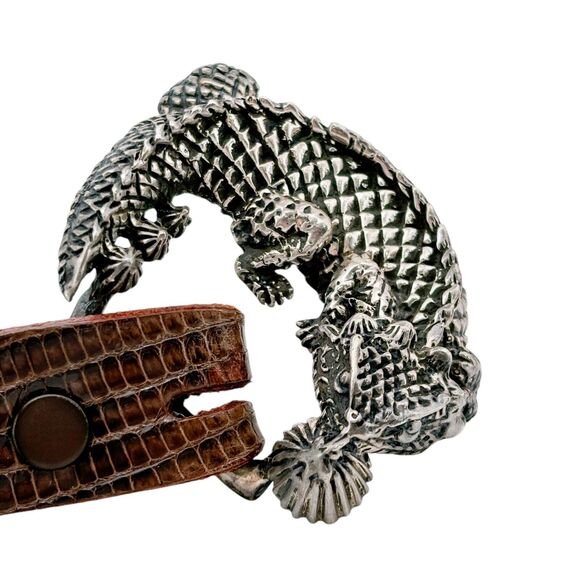 Vintage JM Sterling Silver 925 Lizard Belt Buckle Genuine Lizard Brown Size 34